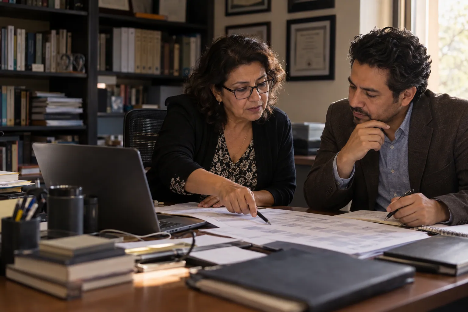 La coordinadora académica revisa con un docente el plan de un programa en línea.