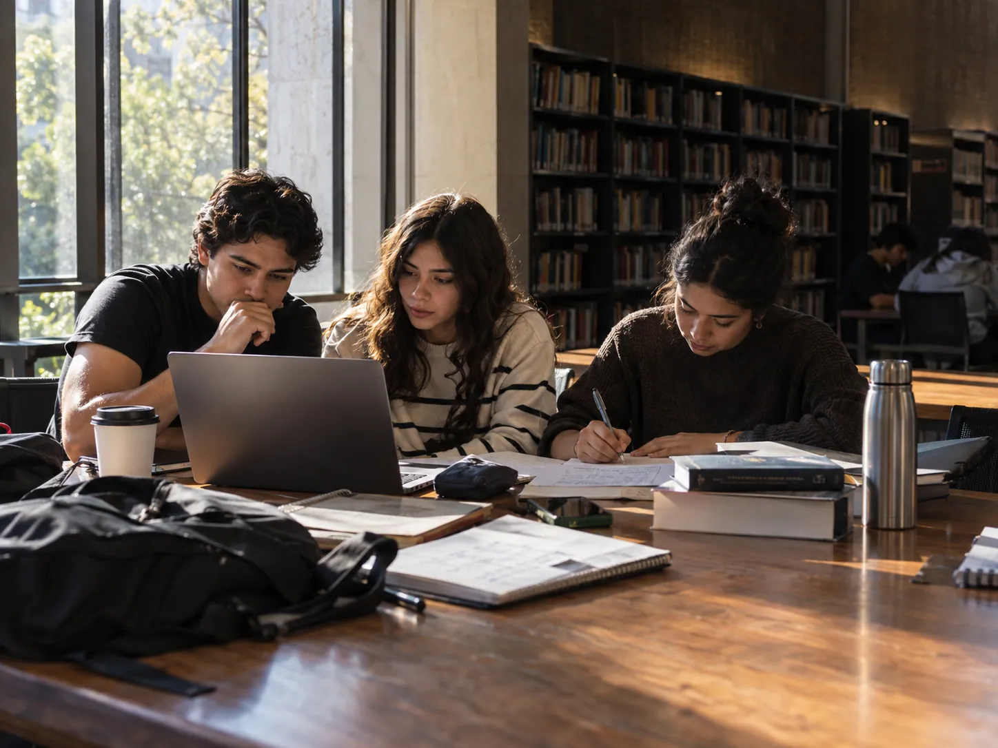 Estudiantes universitarios trabajan en un módulo en línea en la biblioteca del campus.