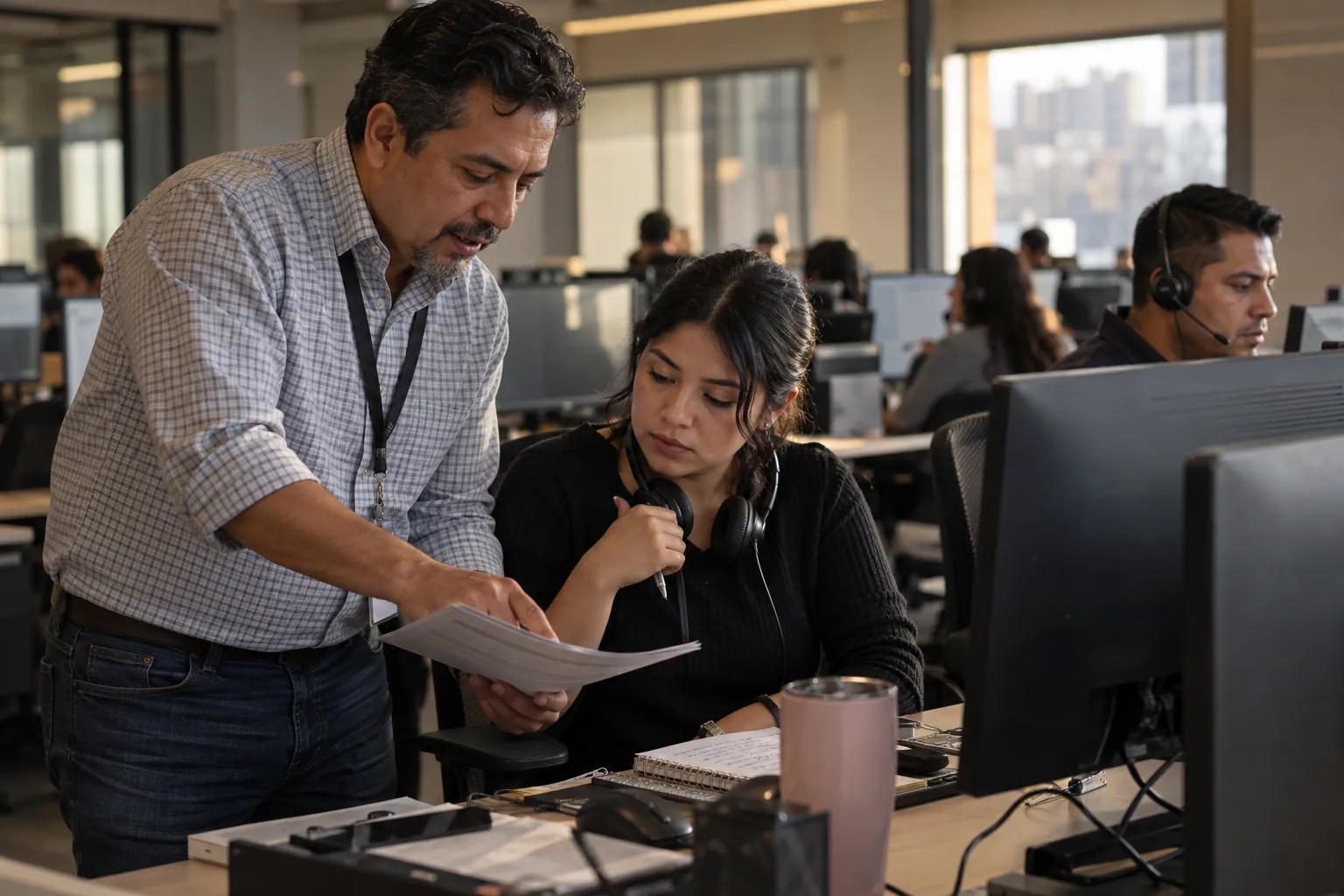 Un líder de equipo acompaña a una persona nueva en su primer día en el puesto.
