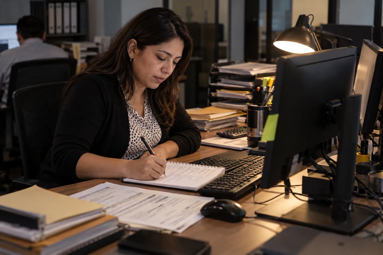 Una analista documenta paso a paso un proceso administrativo frente a su computadora.