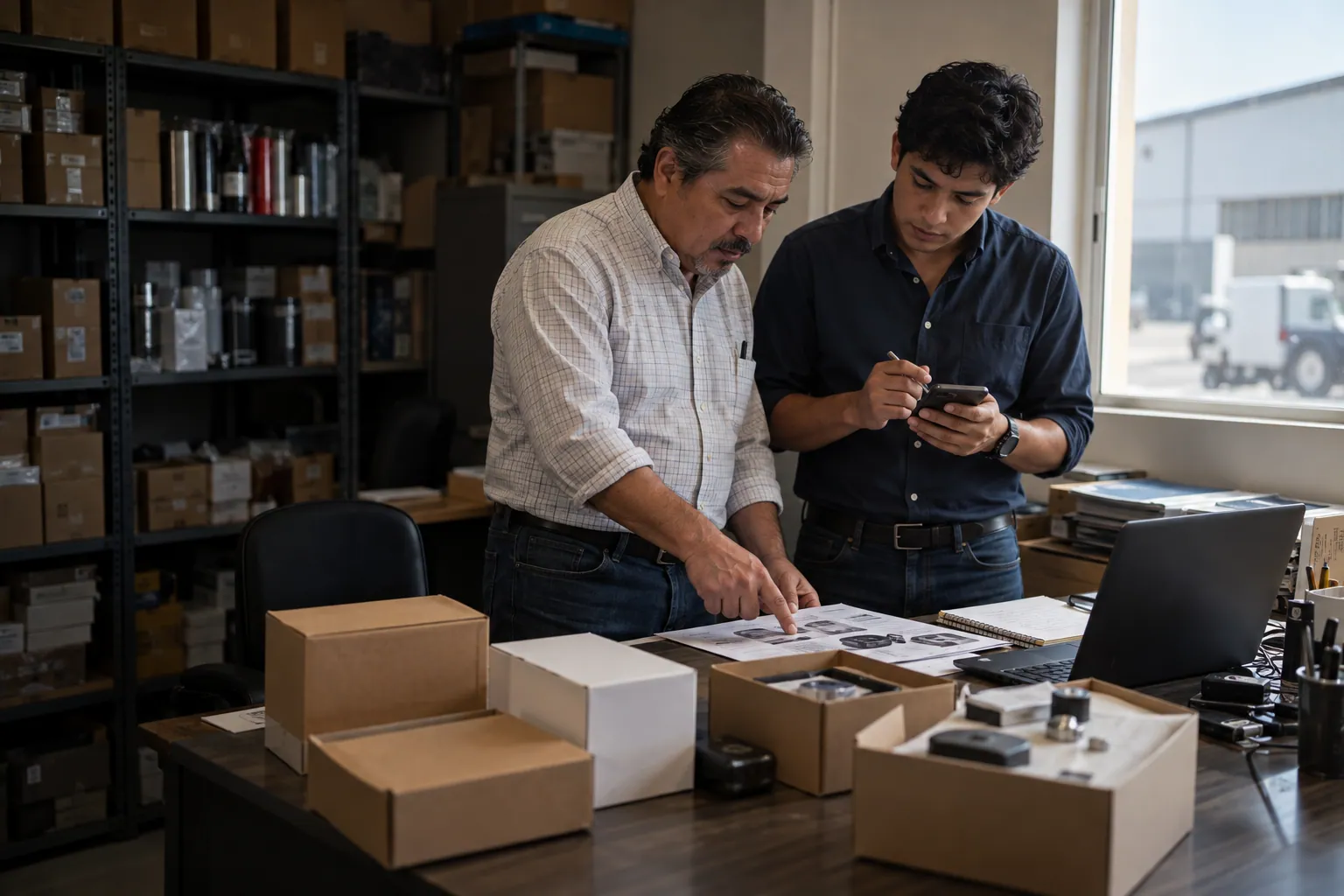 Un distribuidor revisa con su vendedor la ficha de un producto nuevo.