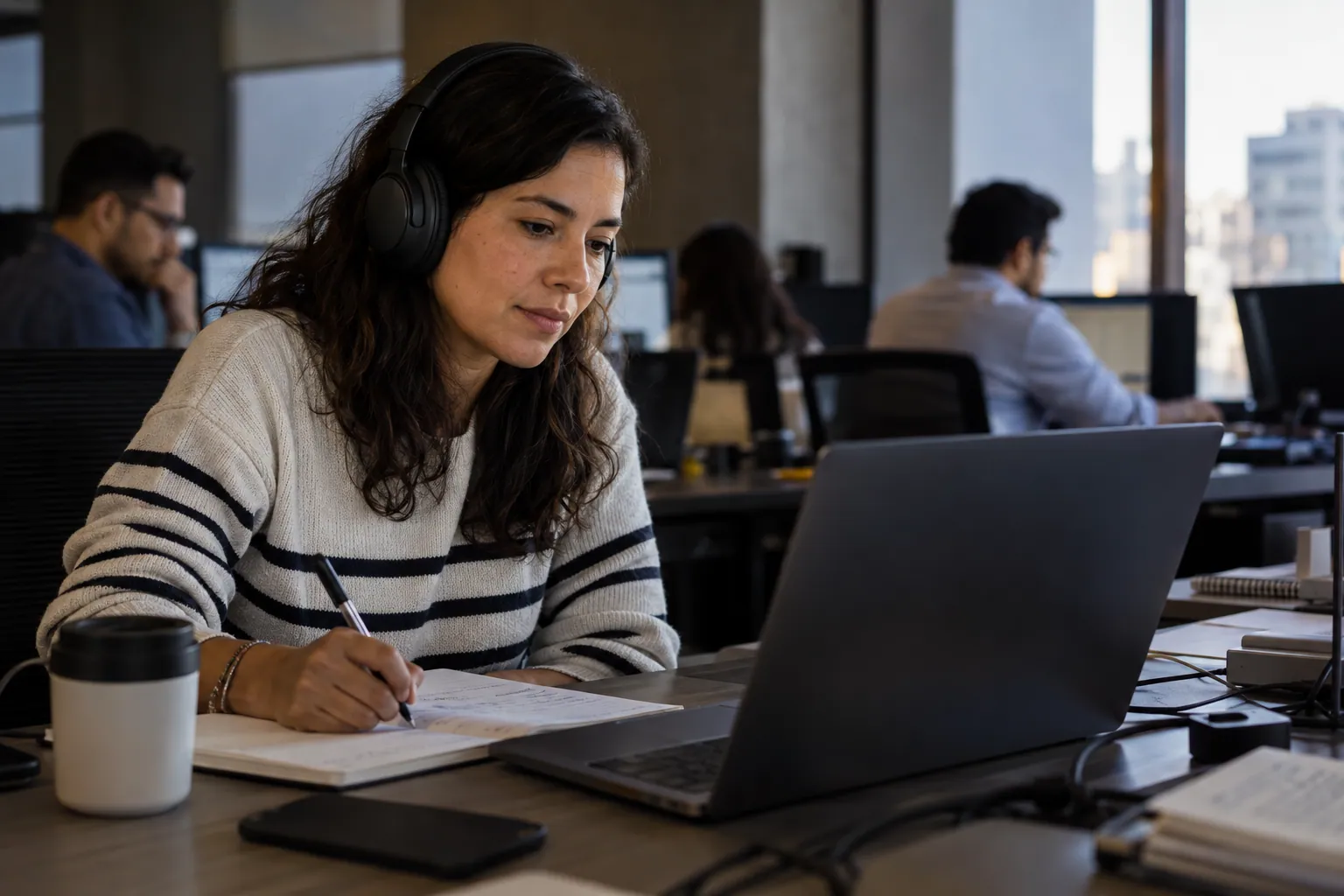 Una mujer toma una lección en video con audífonos en su escritorio, entre sus pendientes del trabajo.