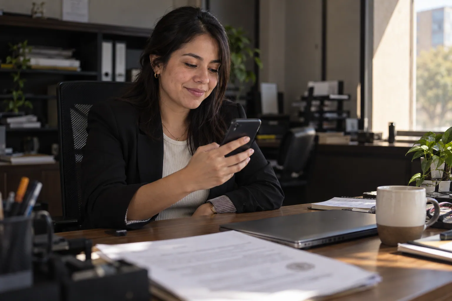 Una profesionista revisa su certificado en el celular en su escritorio de trabajo.