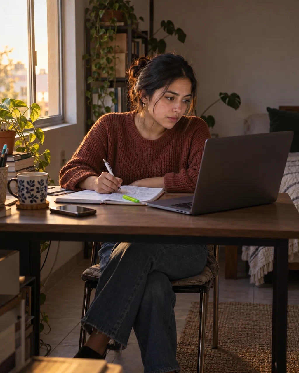 Una joven estudia un curso en su laptop por la tarde, tomando notas en una libreta.