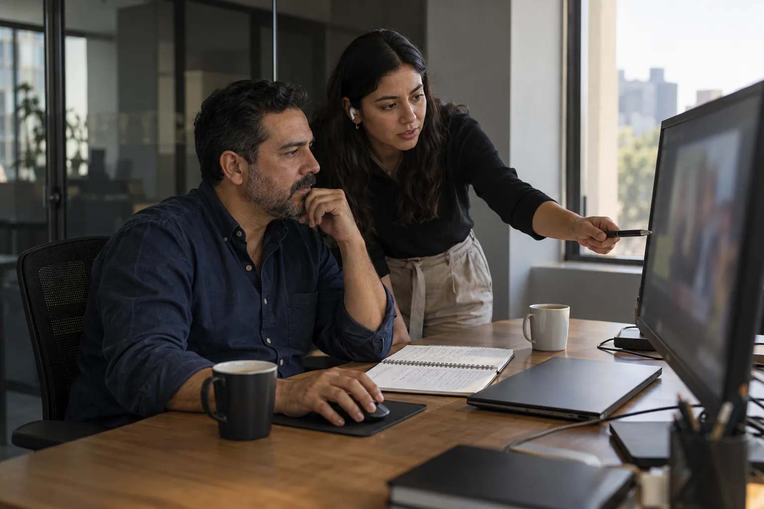 Dos personas revisan en un monitor grande un video de capacitación antes de publicarlo.